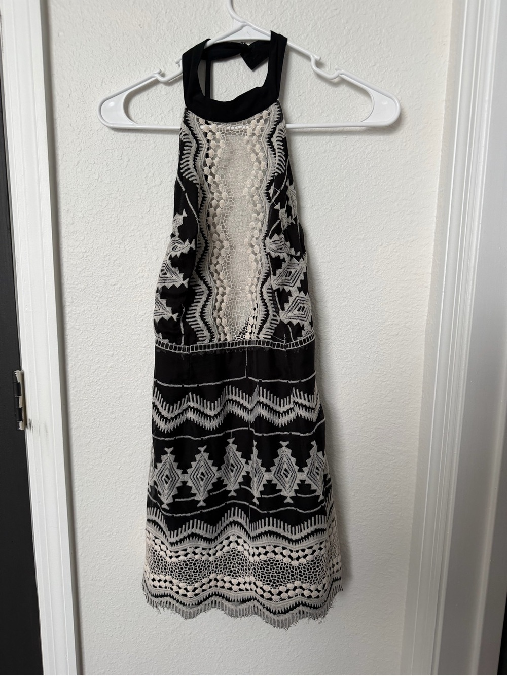 Black and Cream Embroidered Halter Dress